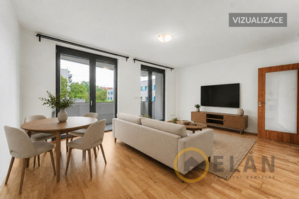 Pronájem prostorného 2+kk, 65,7 m², s balkonem a vlastní garáží – Praha 7, Holešovice - Vizualizace obývacího pokoje